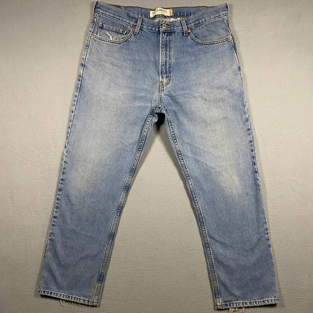 Y2K Levi's 505 Regular Fit Jeans Mens 36x30 Light Wash Blue Distressed Denim